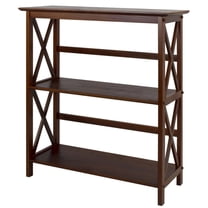FurniFact Walnut Brown 3 Tier Bookshelf with Solid Wood Frame and X-Design Style