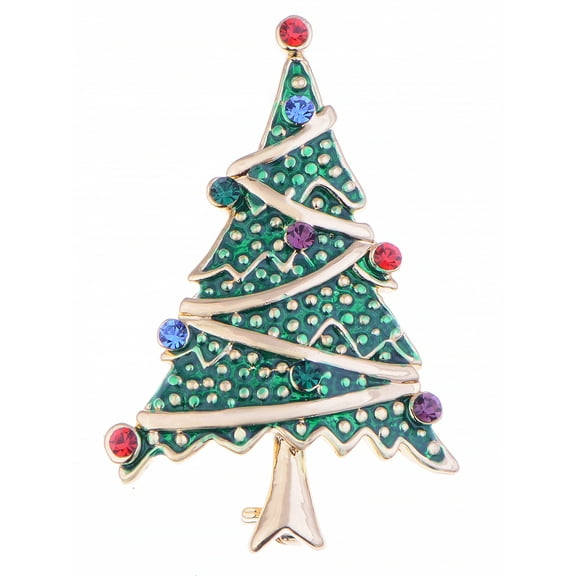 Christmas Colorful Crystal Rhinestone Green Enamel Holiday Tree Pin Brooch