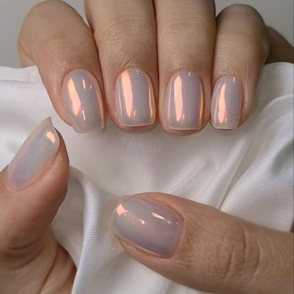 Chrome White Press on Nails Short Square, Chrome Fake Nails Square,Shimmer Glossy False Nails,Reusable Glue on Nails,Short Nails Press ons,Glitter Stick on Nails for Daily Wear