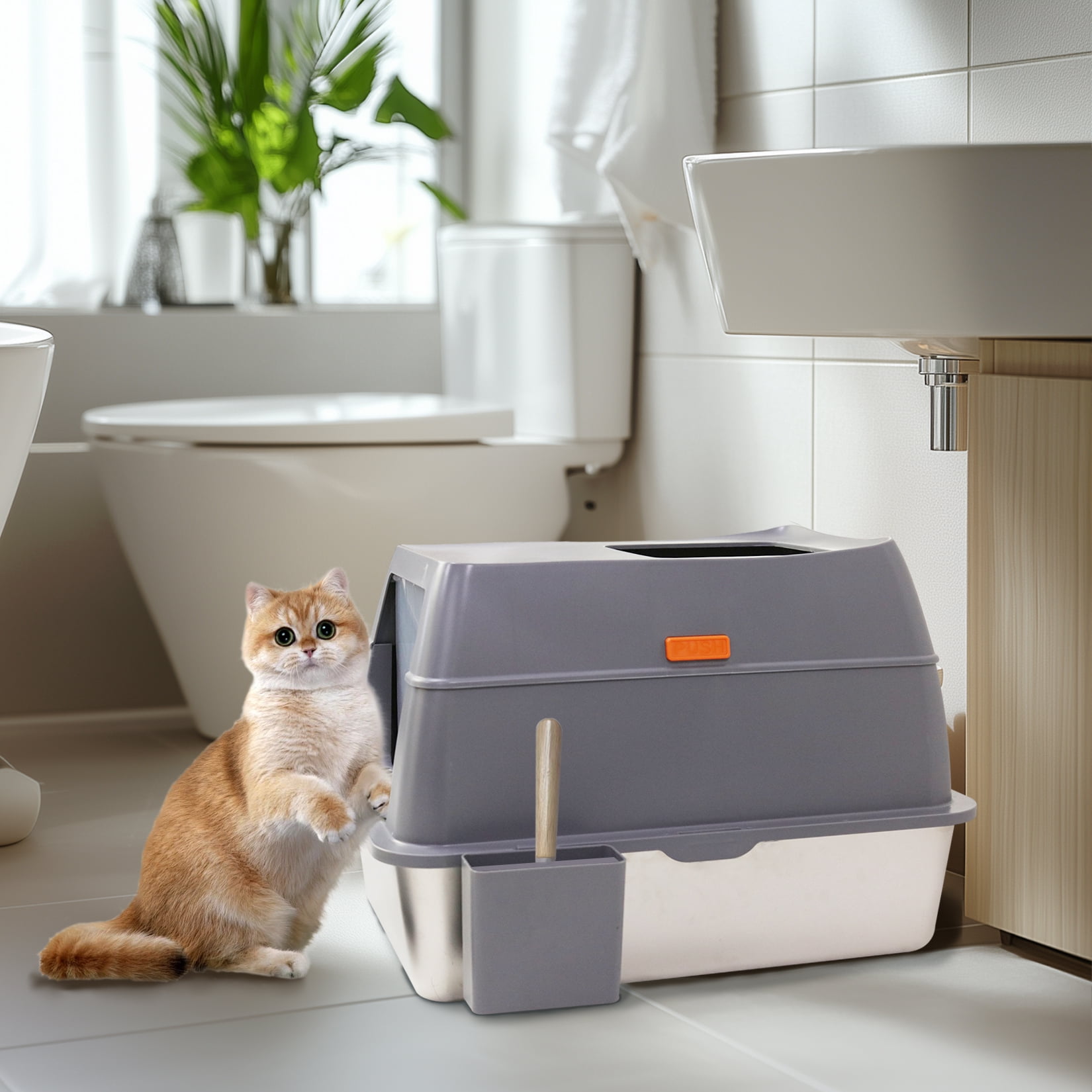 BingoPaw Stainless Steel Enclosed Cat Litter Box with Lid Extra Large Litter Pan Tray, Anti-Leakage, High Wall Sides
