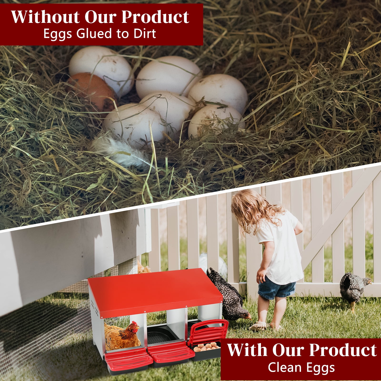 3 Compartment Poultry Chicken Nesting Box, Weather Resistant Steel Plastic Hen Laying Nest with Sloped Ventilated Bottom, Private Egg Laying Habitat for Chickens Ducks