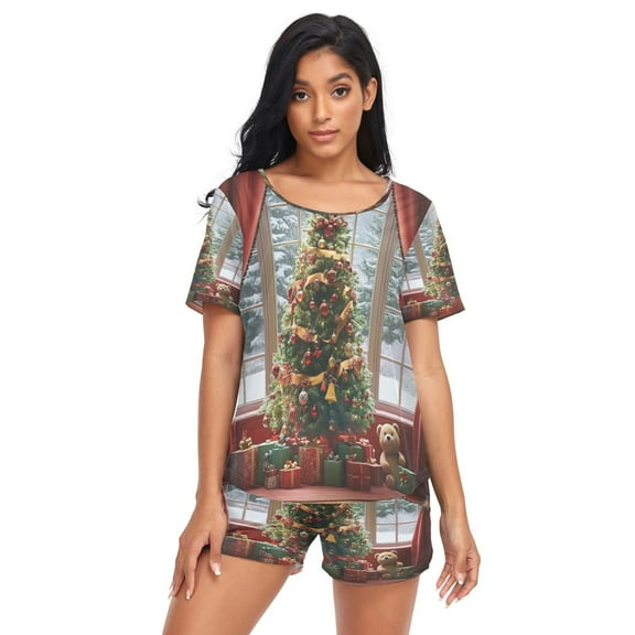 Women Pajama Sets Short Sleeve Sweatshirts Christmas Tree with Gifts Casual Tops and Shorts