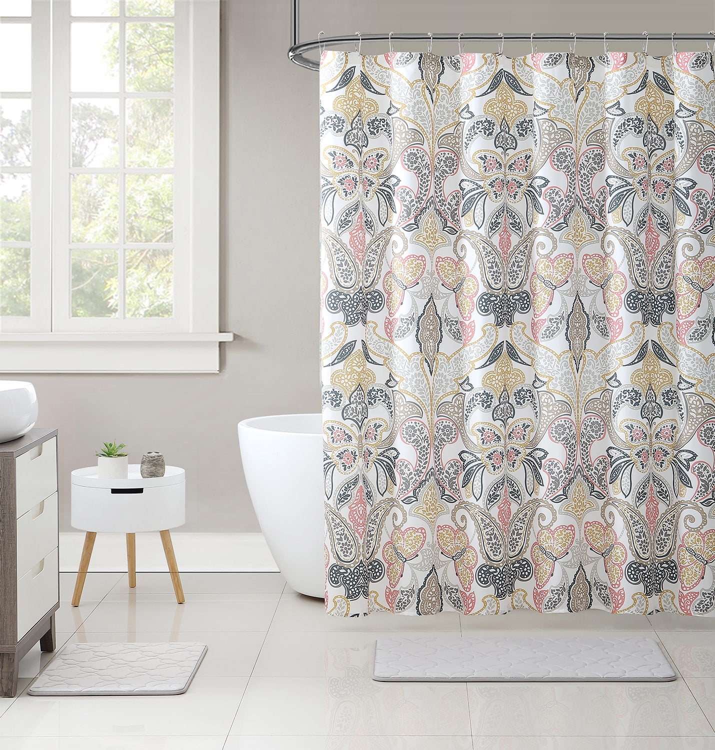 Penny 15Piece Floral Damask Bathroom Shower Curtain Set with Hooks and