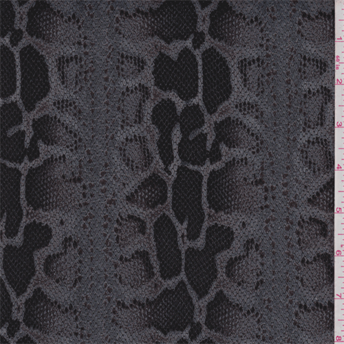 Grey/Black Snakeskin Print Coated Denim, Fabric Sold By the Yard