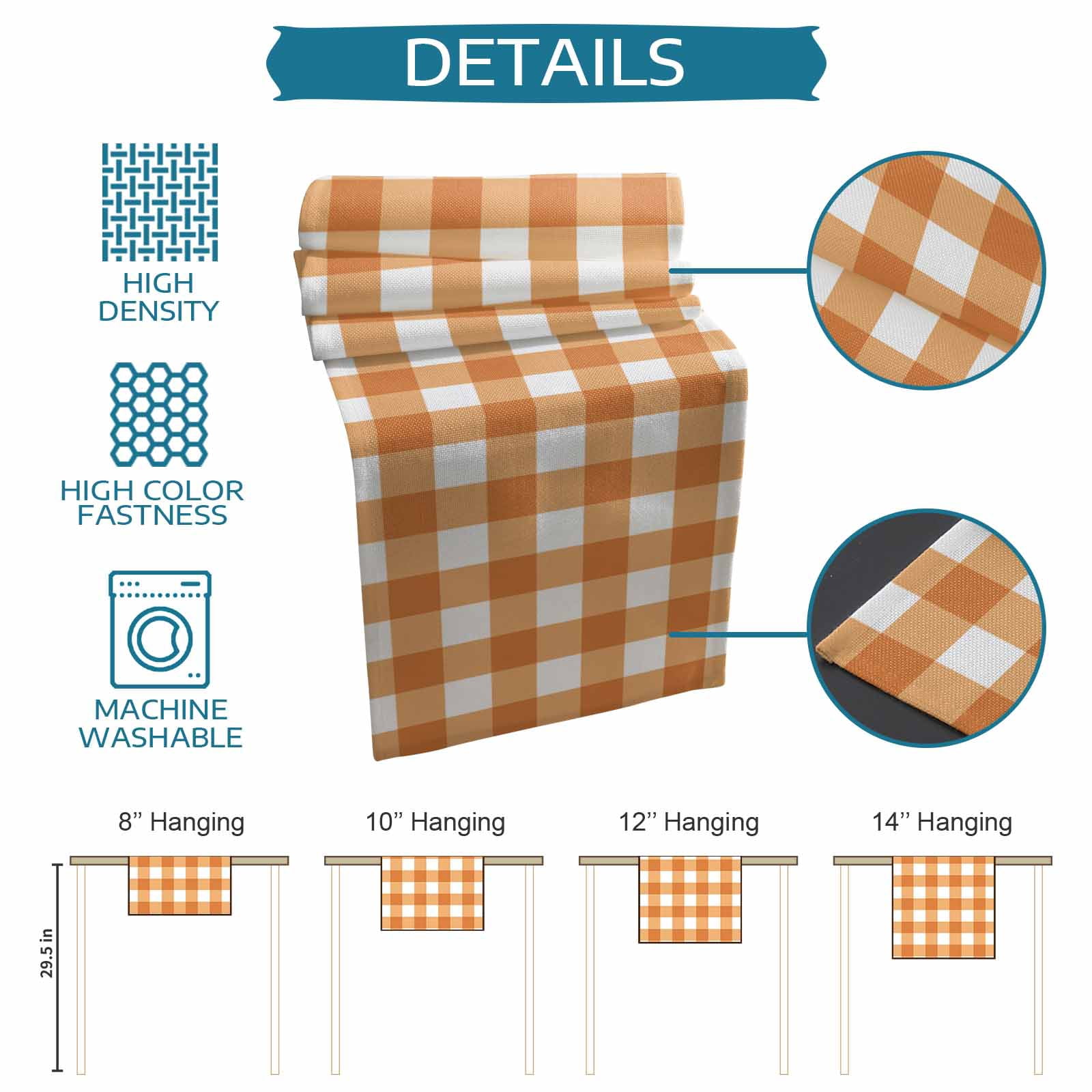 nqOlkjepod Orange Plaid Table Runner 72 Inches Long Farmhouse Dress Scarves, Gradient Geometric Buffalo White Checkered Dining Tablerunner for Coffee Table/Kitchen Island/Party Décor, 13" x 72"