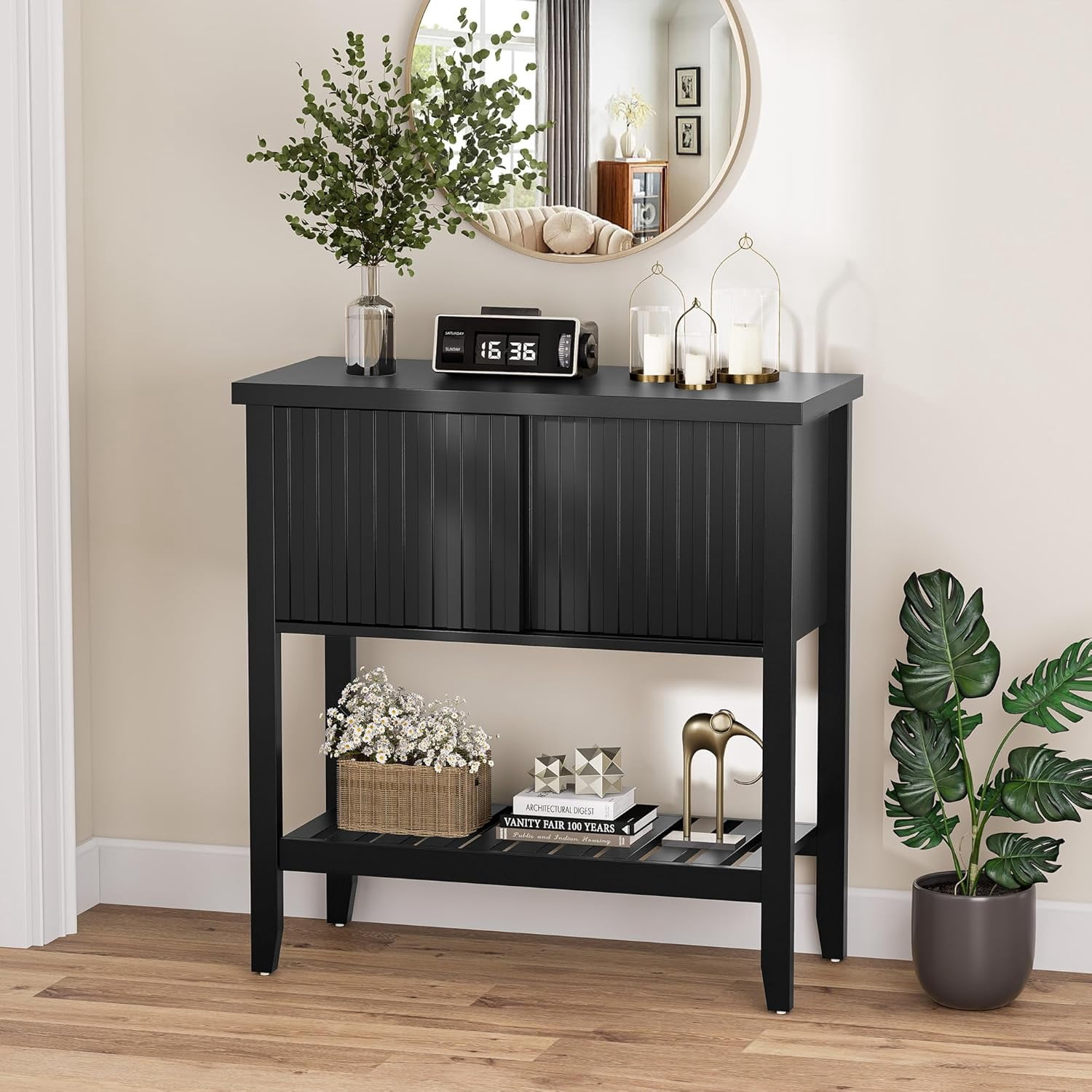 FROMJBEST 31.5" Black Entryway Console Table with Sliding Drawer Doors and Storage Shelf for Hallway, Living Room, or Office