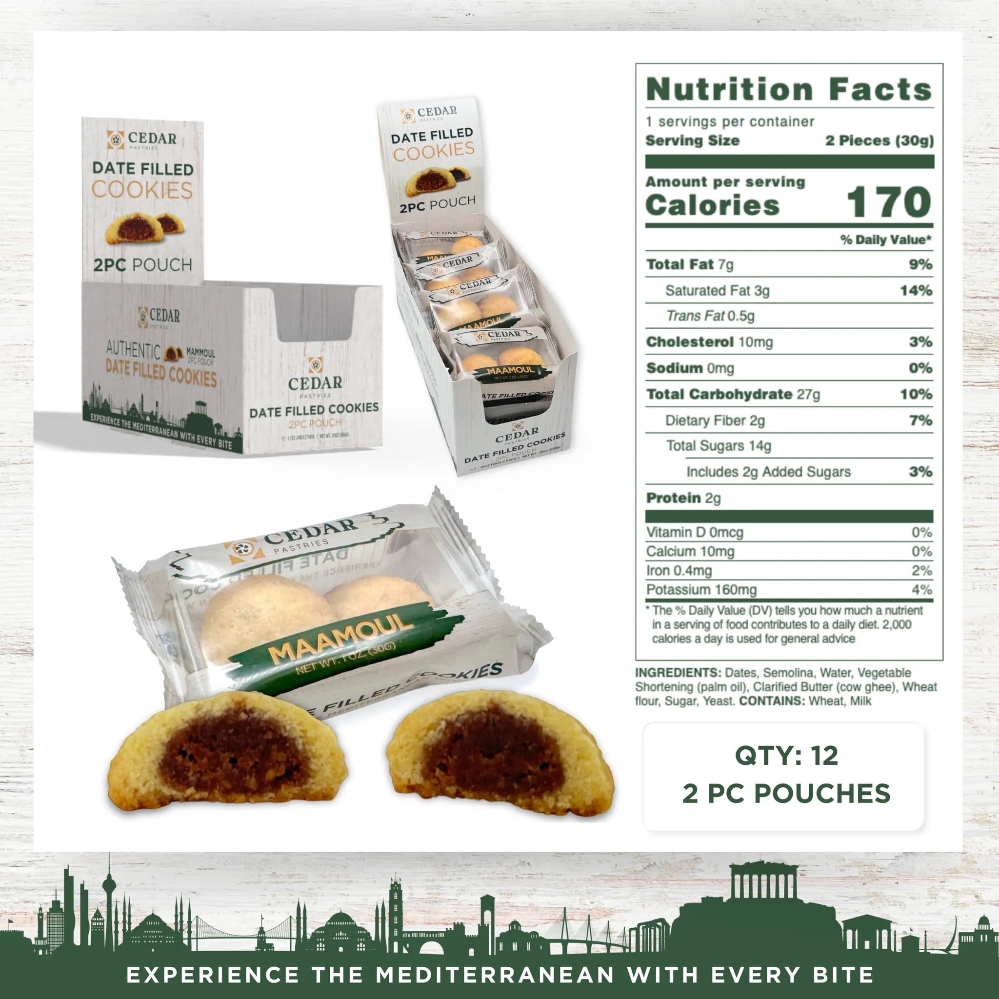 Cedar Pastries 12 oz Date Maamoul Cookies – Traditional Mediterranean Filled Shortbread Cookies with Sweet Date Filling, Handmade Authentic Middle Eastern Dessert Snack