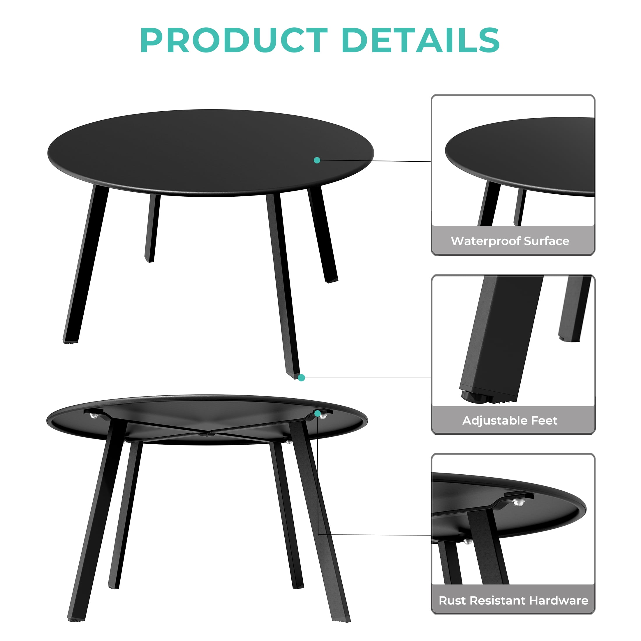 Grand Patio 28" Outdoor Round Steel Coffee Table, Black