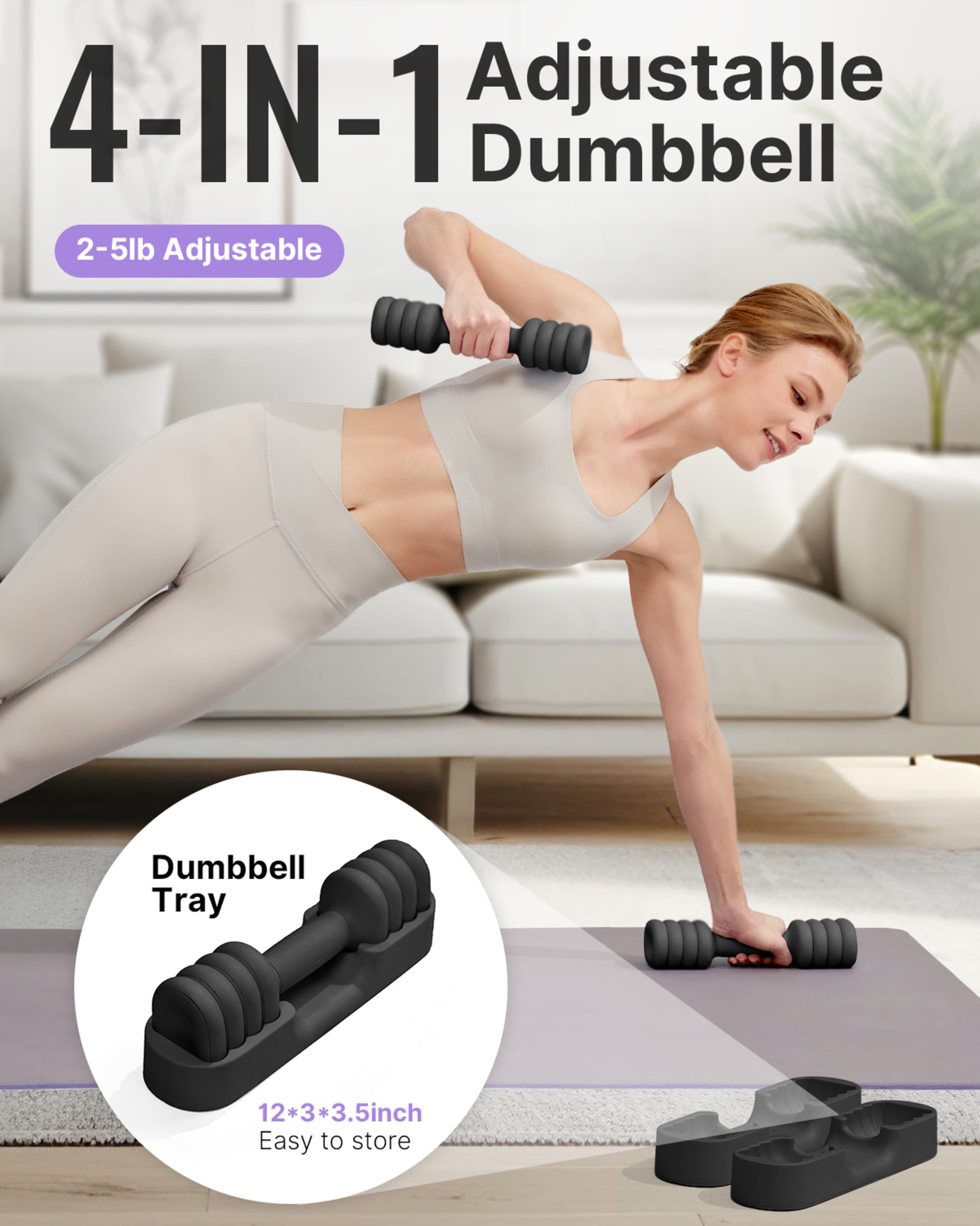 YOTTOY Adjustable Dumbbell Set, Pair 4-in-1 Hand Weights 2–5 lb Each — Compact Free Weights with Soft Grip & Base for Women's Home Gym,BLACK