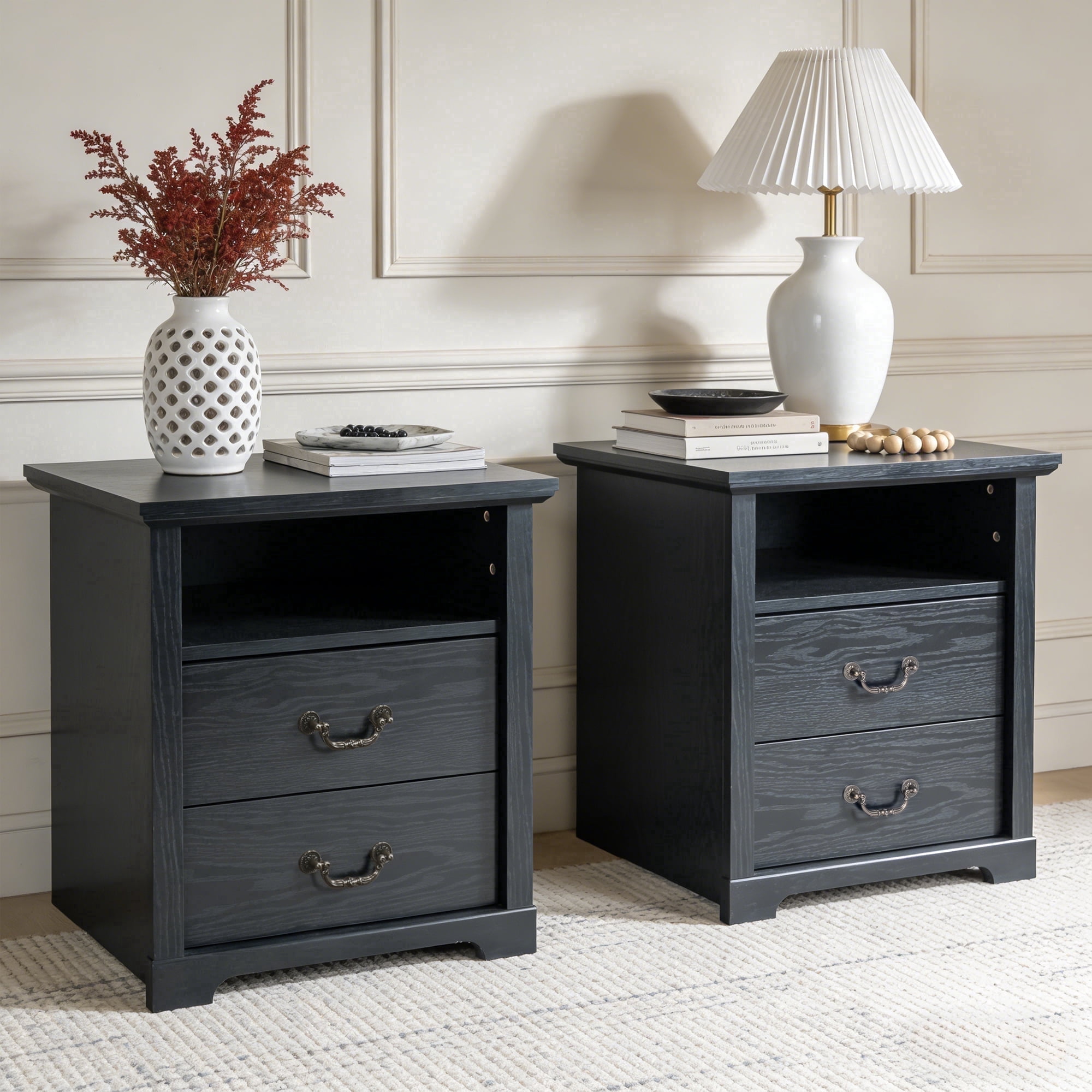 Leovanni Rustic 2-Drawer Nightstand Set of 2 with Open Shelf Storage, Wood-Grain Engineered Wood Bedside Tables for Bedroom, Black