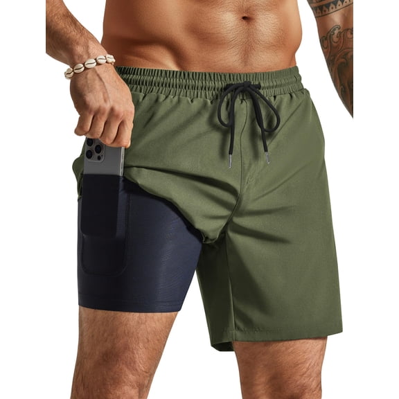 COOFANDY Mens Swim Trunks with Compression Liner Cruise Essentials 7 Inch Bathing Suit Beach Short with Zipper Pockets