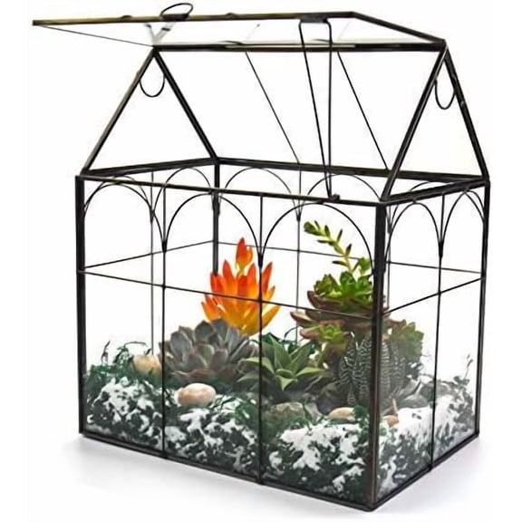 Large Tall Plant Greenhouse Terrarium Glass with Lid, 8.7"X5.9"X10.6" Inches Indoor Tabletop Orchid Succulent Cacti Terrarium Kit NA (House Black A)$$Garden & Patio