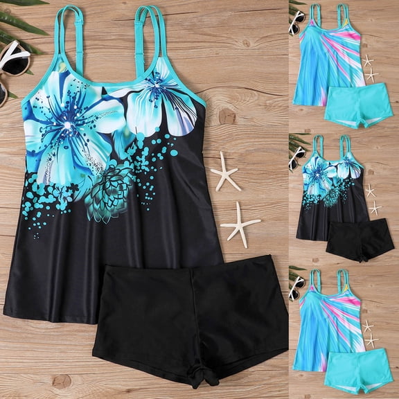 Lcziwo Plus Size Tankini Set for Women Floral Print Two Piece Swimsuit Modest Casual Bathing Suit with Boyshorts Black,XXXXXL