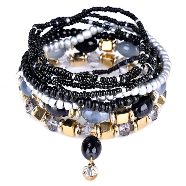 Pulsera con colgante de cuentas encantadoras multicapa de estilo étnico Retro elegante para mujer (negro)