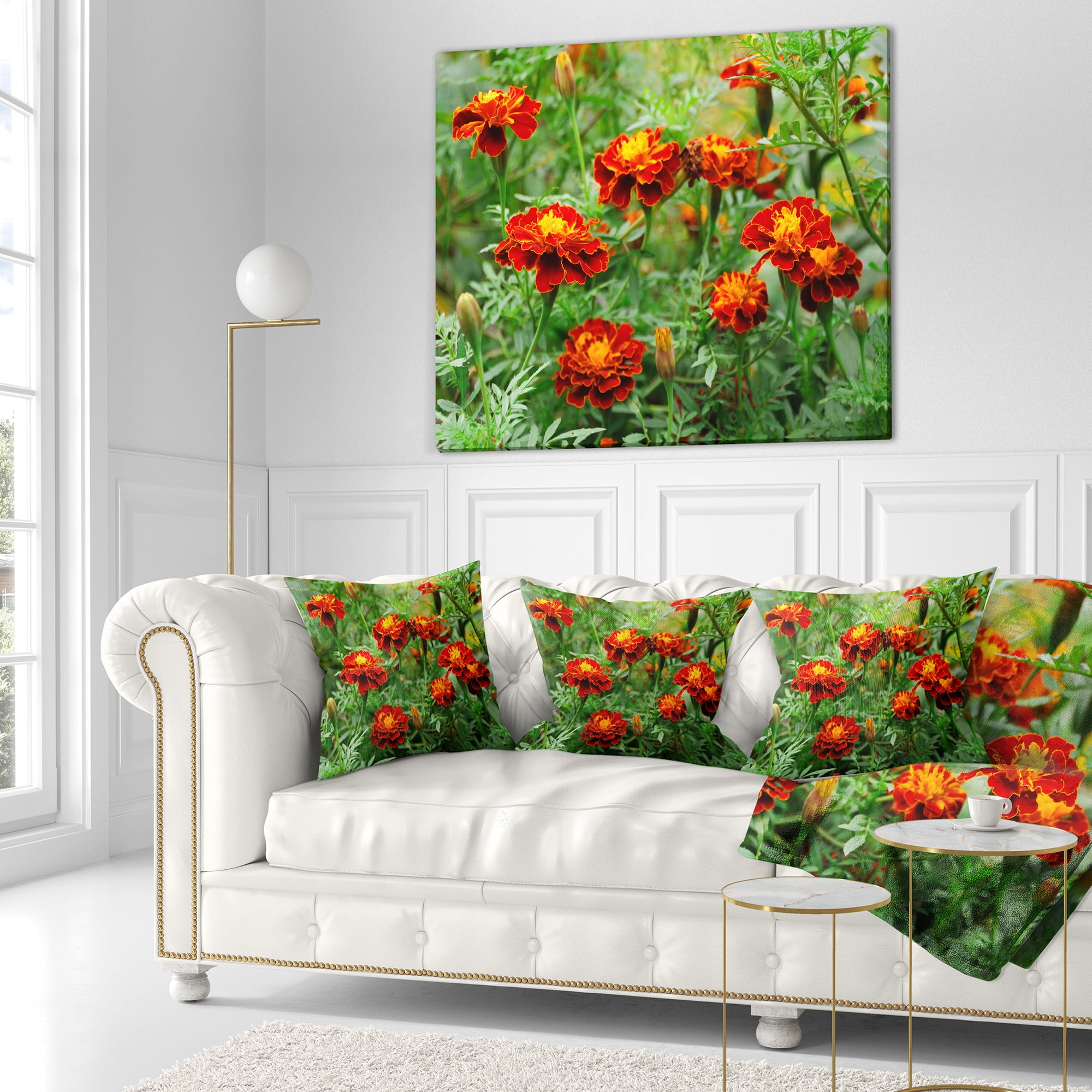 Designart Blooming Red Marigold Flowers - Floral Throw Pillow - 16x16