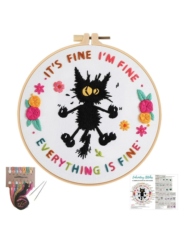 VOCHIC Cute Cat Embroidery Kits for Beginners,Adults Starter Cross Stitch Kit with funny animal pattern,DIY Needlepoint Kits-It's Fine I'm Fine