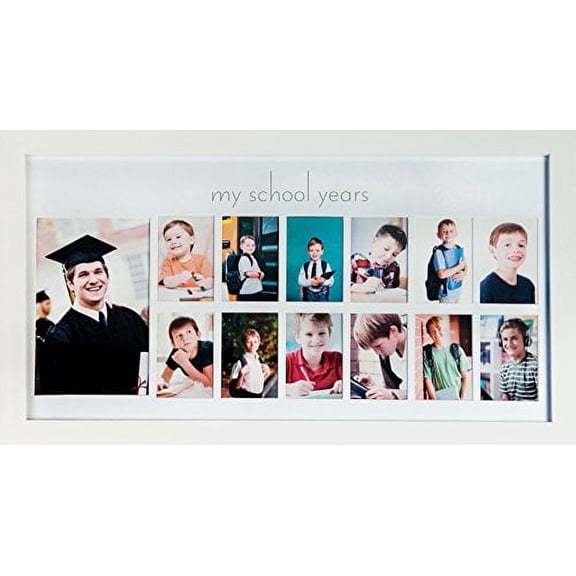 School Years Picture Day Collage Frame in Elegant Natural Wood, Photos from Kindergarten to Graduation (White)