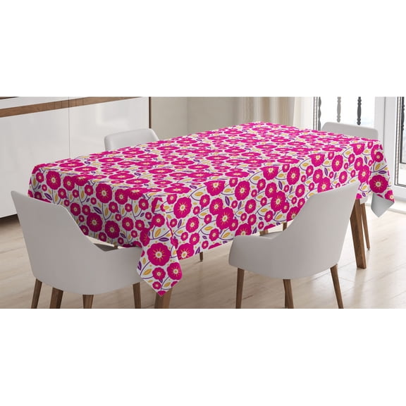 Floral Tablecloth, Blooming Graphical Flowers and Leaves with Polka Dots, Rectangle Satin Table Cover Accent for Dining Room and Kitchen, 60" X 90", Hot Pink Pale Orange, by Ambesonne