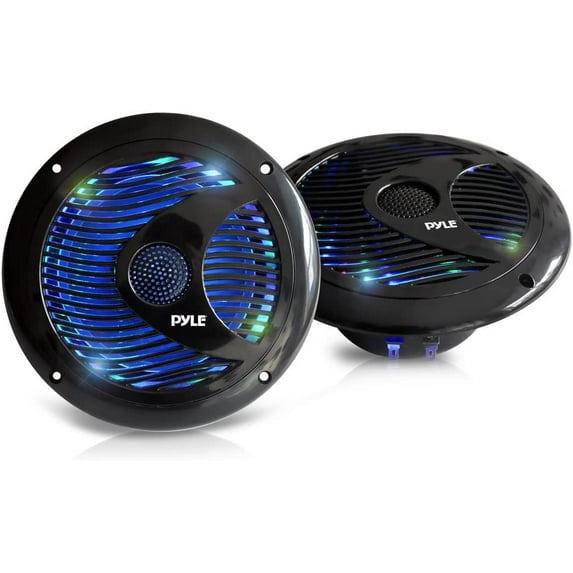 Pyle 6.5” Dual Marine Speakers - IP44 Waterproof and Weather Resistant Outdoor Audio Stereo Sound System with Built-in Led Lights, 150 Watt Power and Polypropylene Cone - 1 Pair - PLMR6LEB (Black)
