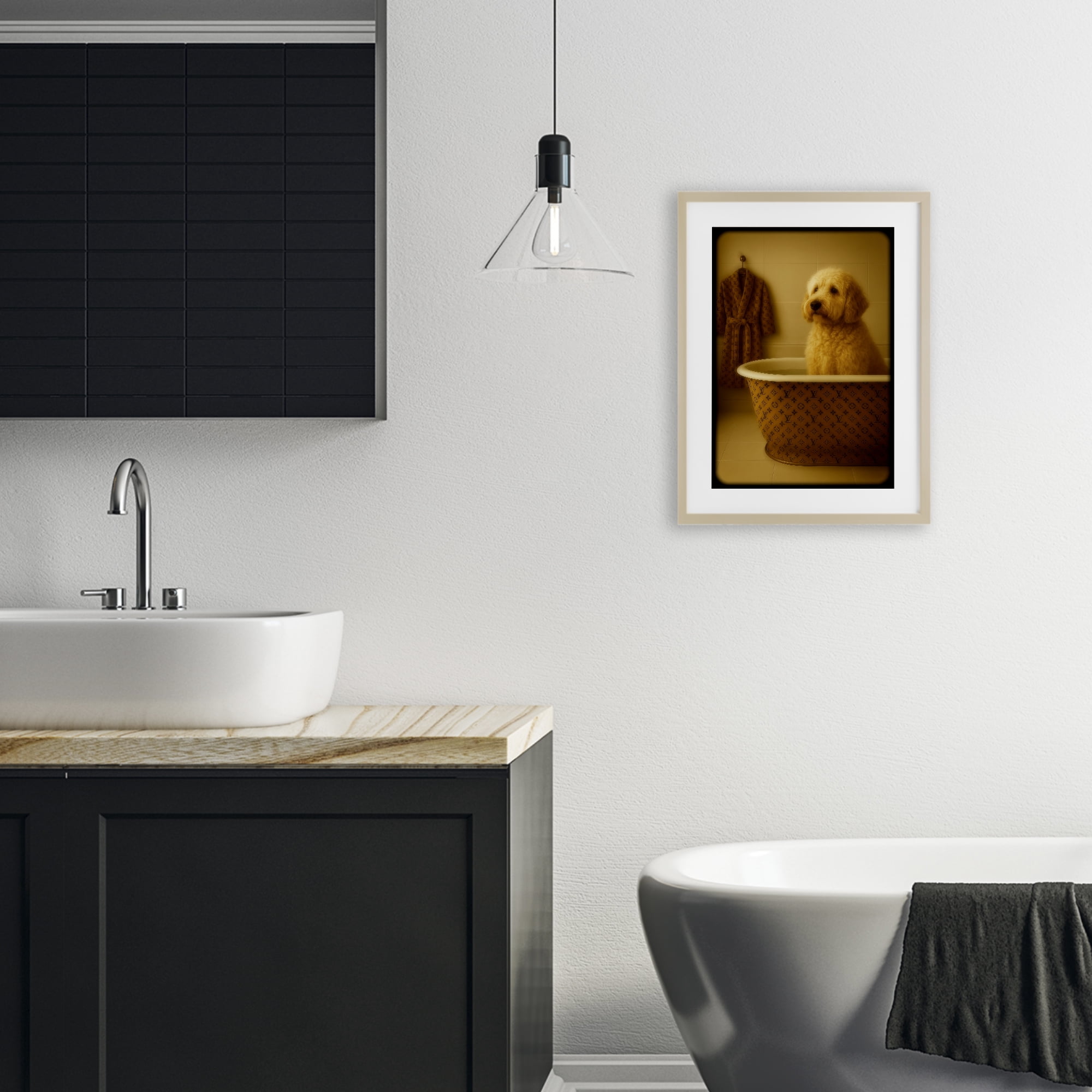 Stupell Industries Couture Dog in Luxury Tub Birch Framed Print Under Glass, design by Grotto Studios