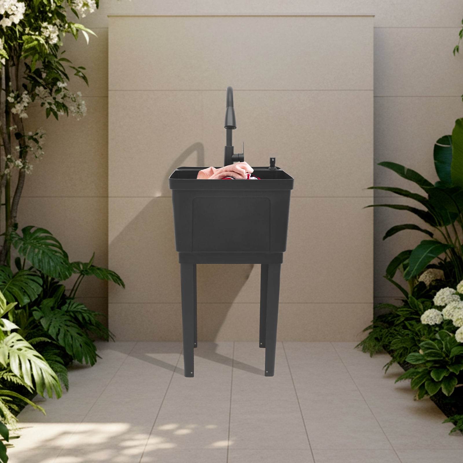 Freestanding Laundry Sink, 60L Black Utility Sink with Complete Accessory Kit, Standing Washing Basin for Garage Garden Laundry Room