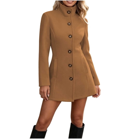 Fengqque Women’s Stand Collar Single Breasted Wool Blend Coat, Long Sleeve Fit and Flare Short A‑Line Winter Outerwear with Side Pockets
