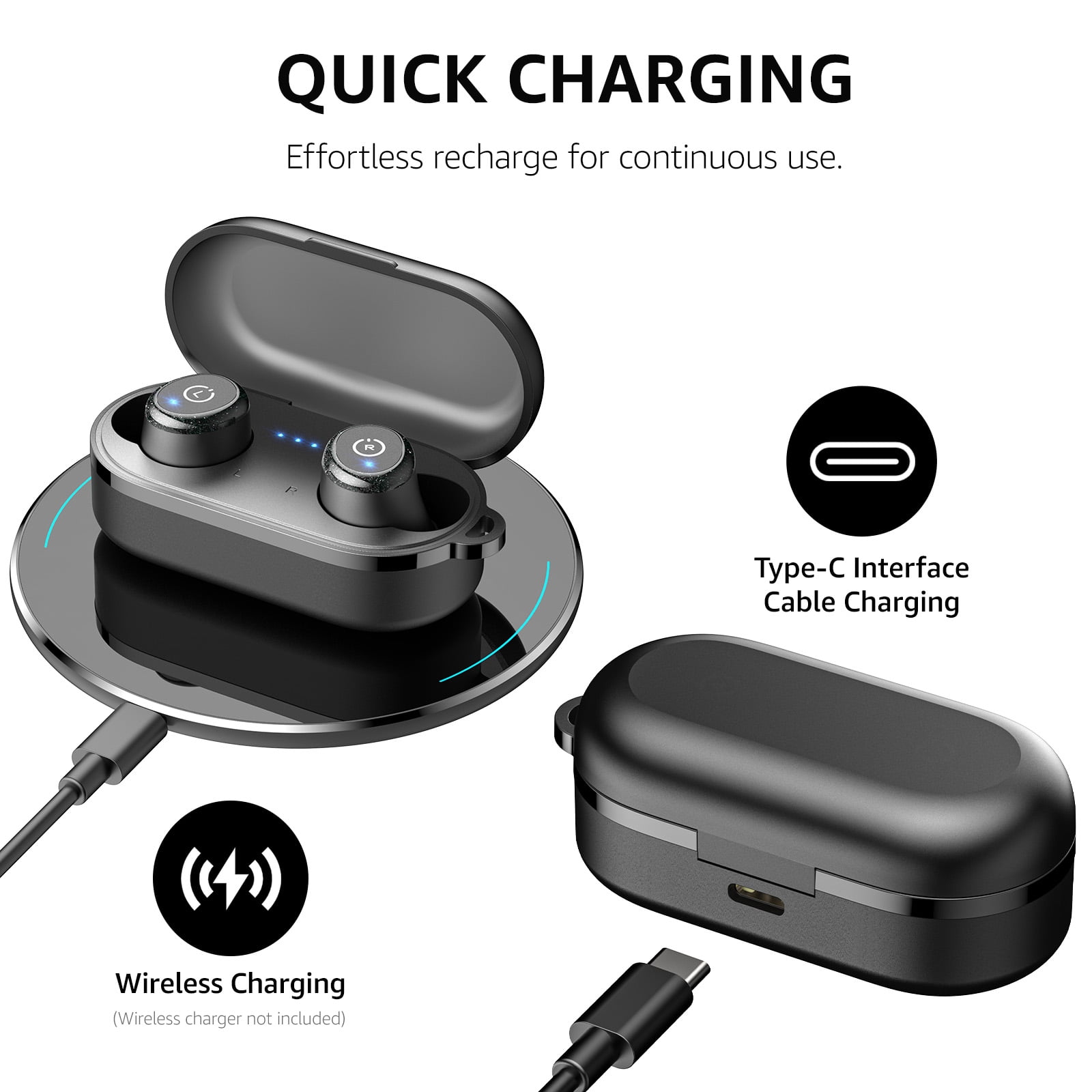 TOZO T10 Wireless Earbuds Bluetooth Headphones, 55H, Stereo Bass, App Customize 32 EQ, Wireless Charge, IPX8 Waterproof, 100+ White Noise Tracks, Ergonomic Design, Black