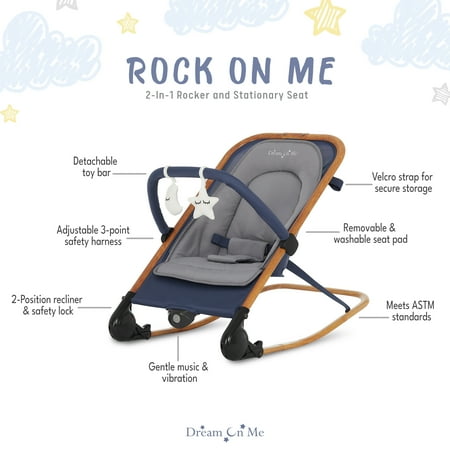 Dream On Me Rock with me 2-in-1 Rocker and Stationary Seat | Compact Portable Infant Rocker with Removable Toys Bar & Hanging Toys in Blue