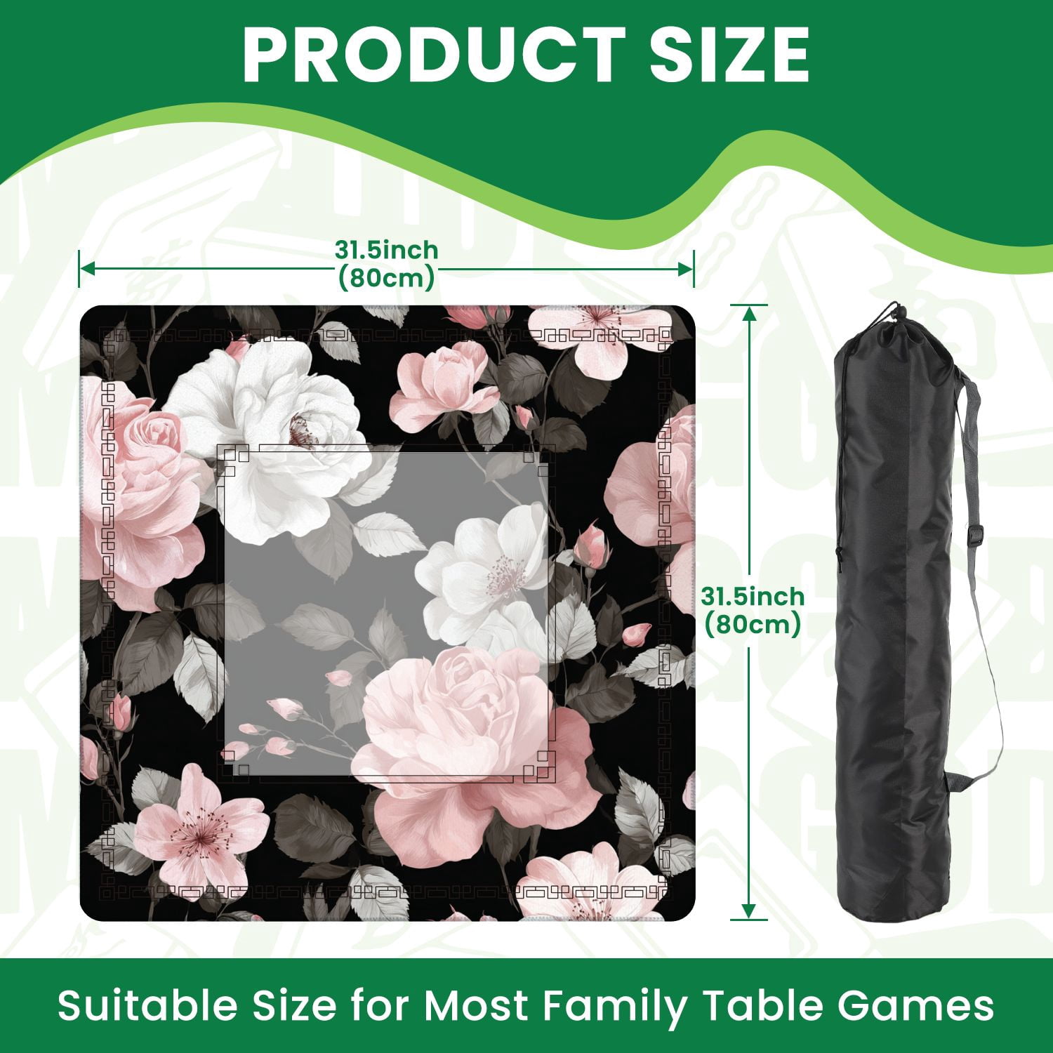 Mahjong Mat 31.5" x 31.5" Seamless pink roses Non-Slip Noise Reduction American Mahjong Tiles Table Cover for Dominoes Poker Card Board Games Gift