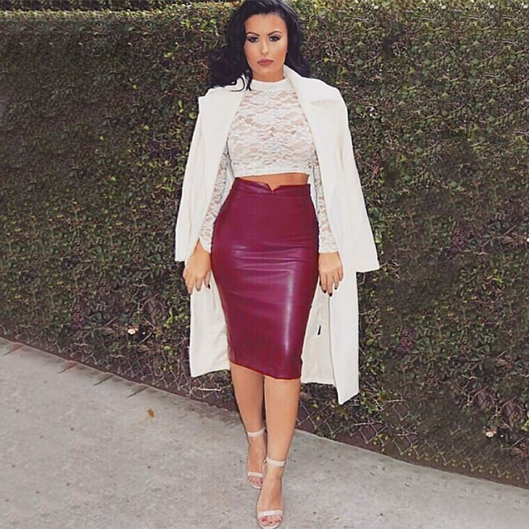 High waisted pink 2024 leather pencil skirt