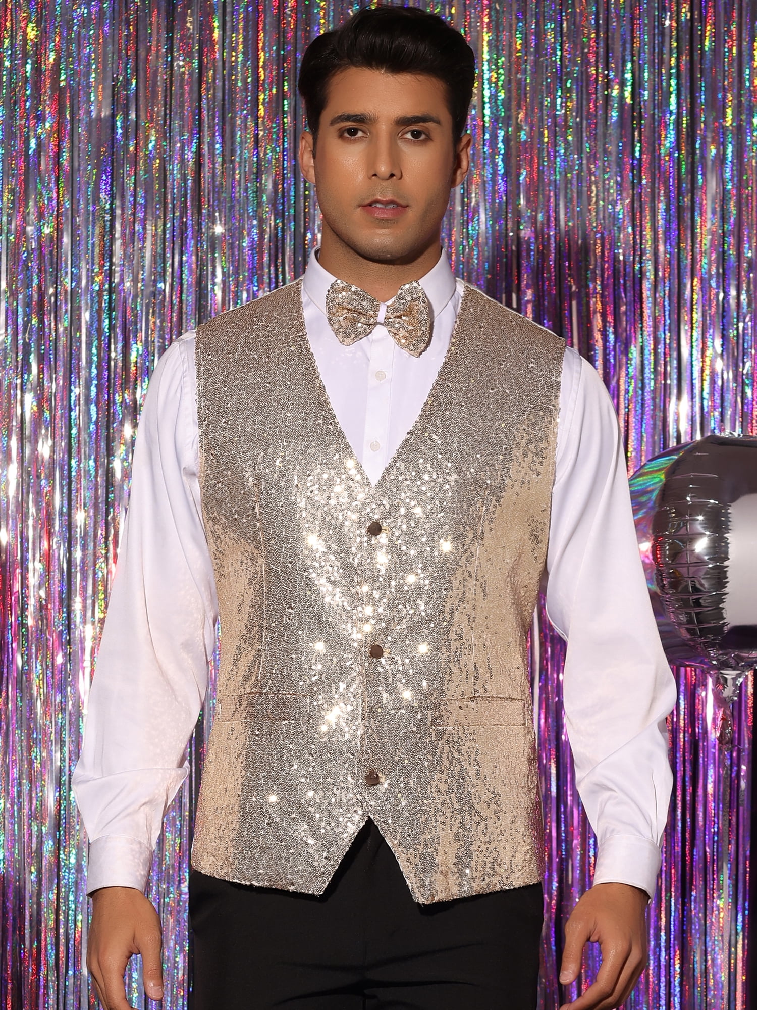 Unique Bargains Men's Sequin Waistcoat Sleeveless Dress Suit Vest with Bow Tie XL Champagne