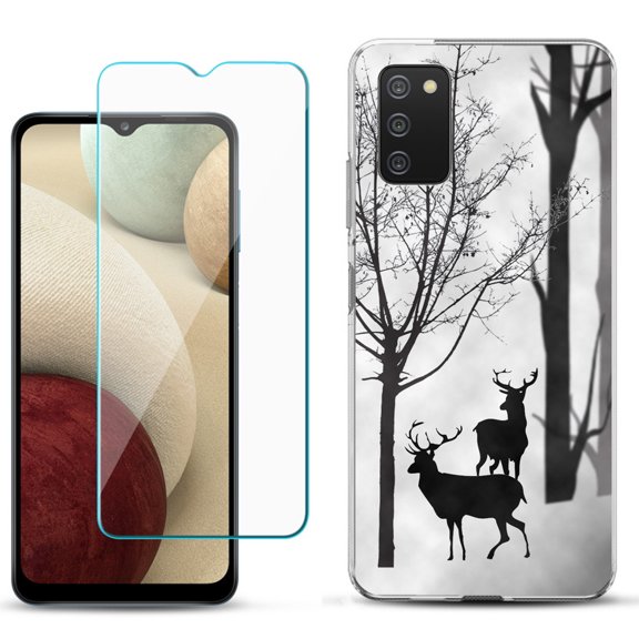 Slim-Fit TPU Phone Case Compatible with Samsung Galaxy A02s, with Tempered Glass Screen Protector, by OneToughShield ® - Forest Deer