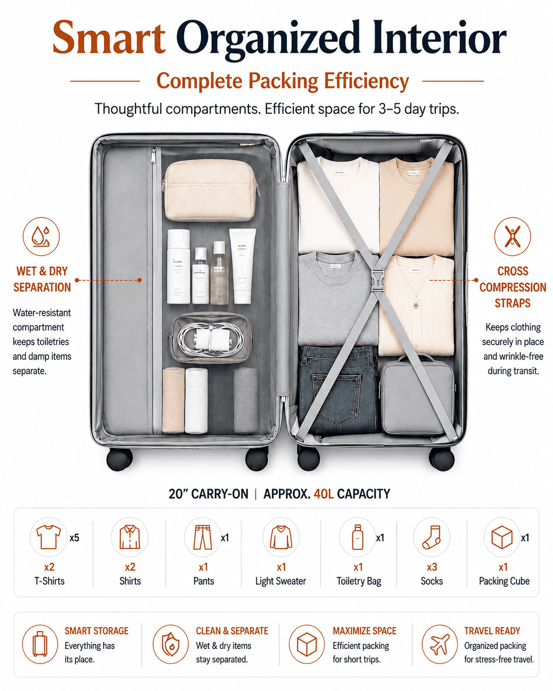 2 Piece Set Carry-on 20inch Hardside Luggage with Travel Backpack,White - EX-Lite