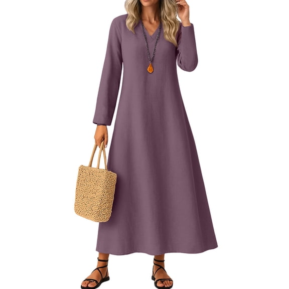 Bexdxz Cotton-Linen Blend Dresses for Women 2026 Fall Casual Long Sleeve V Neck Womens Sundresses Elegant Wedding Guest Dress,Purple,M