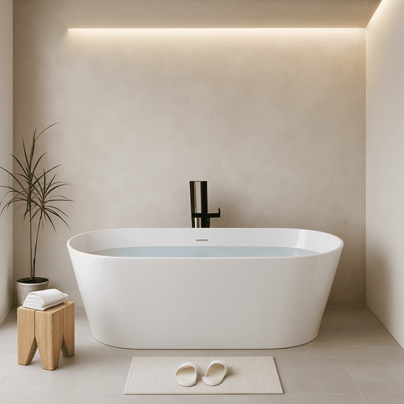 55" Acrylic Freestanding Bathtub, Stand Alone Soaking Tub, Glossy White Acrylic, Toe-tap Chrome Drain, cUPC Certified