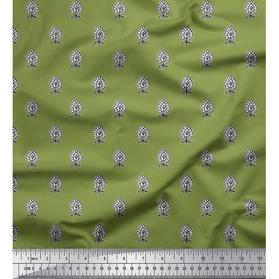 Soimoi Moss Georgette Fabric Floral Block Print Fabric by The Yard 42 Inch Wide