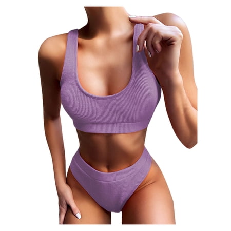 Womens Bandeau Bikini Sets Sporty Crop Top High Waisted Swimwear Scoop Neck Solid Color Two Piece Bathing Suits