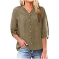thumbnail image 2 of Cotton Linen Shirts for Women Plus Size Solid Color Round Neck T-Shirt Linen Top Large Shirt Brown, 2 of 6