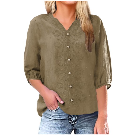 Womens Linen Shirts Vintage Boho Embroidered Cotton Tops Summer Half Sleeve Fake Button V Neck Henley T-Shirt Casual Loose Blouses Pullover Top