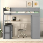 Euroco Wood Twin Size Loft Bed with Desk and Wardrobe, Gray