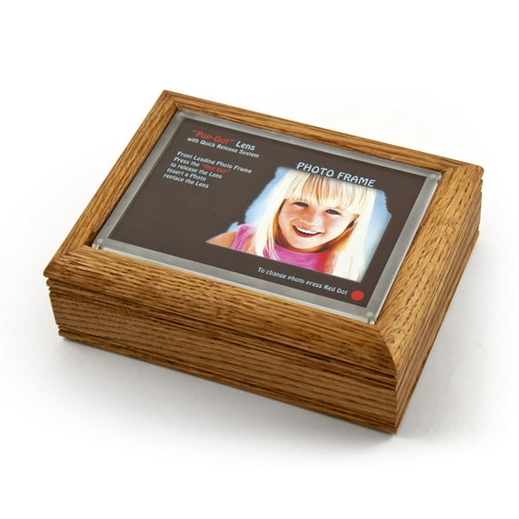 4" X 6" Oak Photo Frame Music Box With New Pop-Out Lens System - Aquarius - SWISS