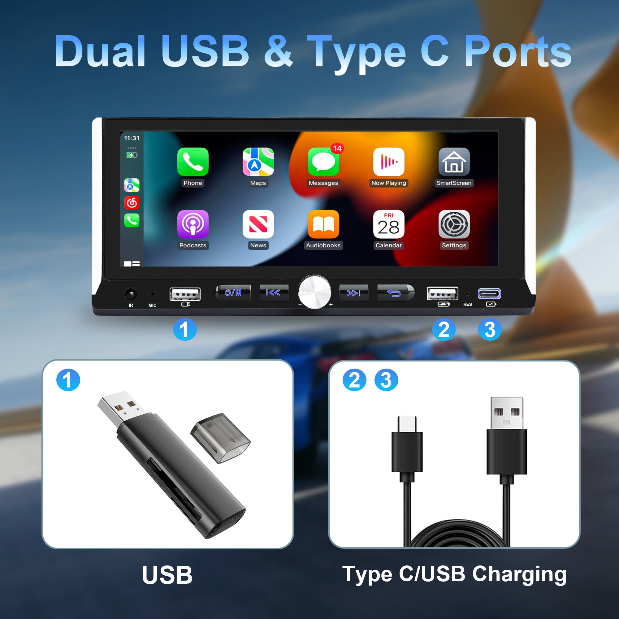 Wireless Single Din Car Stereo, 6.9" Touchscreen Car Audio Receiver, Apple Carplay & Android Auto, Bluetooth, Type-C/USB Fast Charging, Rear Camera