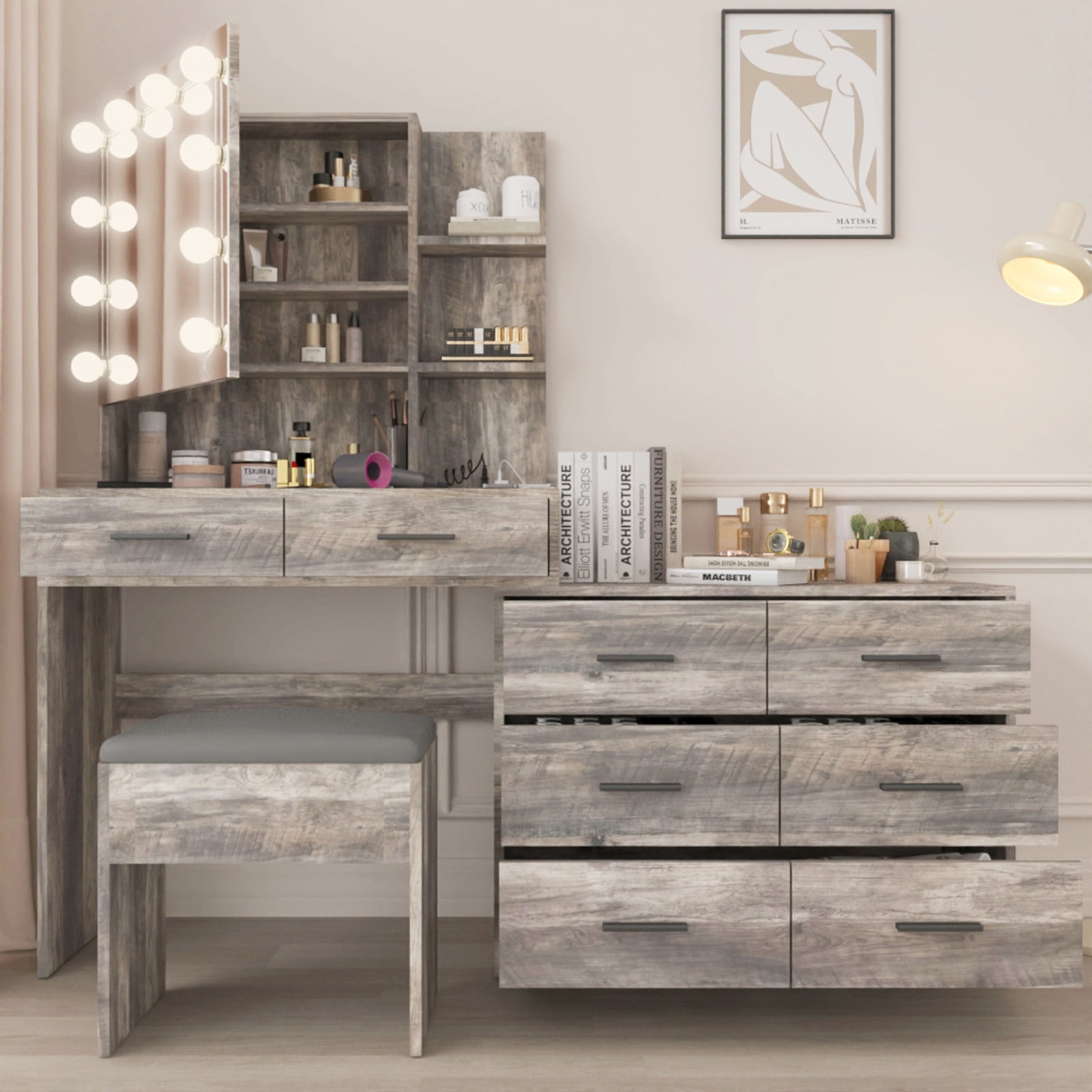 Ktaxon Makeup Vanity with 8 Drawers&Charging Station, Vanity Desk with 3 Color Light, Vanity Table Set w/ Drawer Dresser, Gray