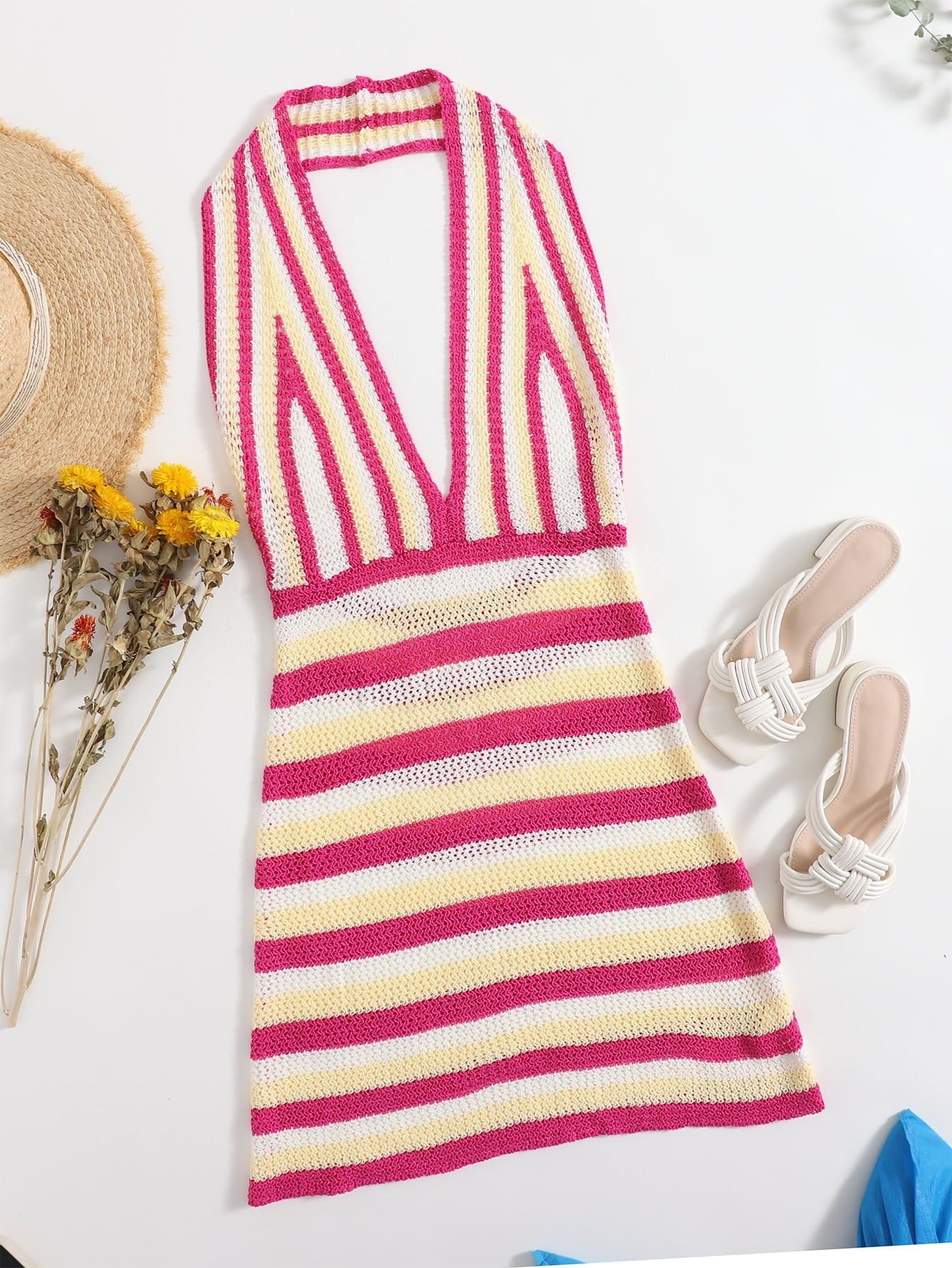 plunging neck backless striped sweater dress