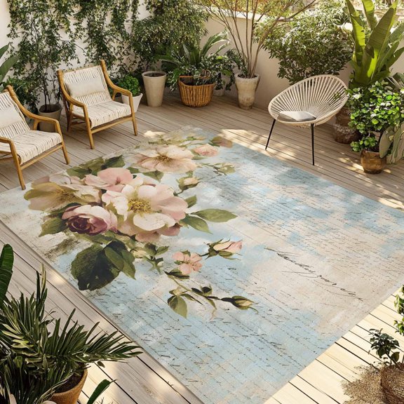 Fsddascl Pink Floral Spring Outdoor Rug for Patio/Deck/Porch, Non-Slip Large Area Rug 4 x 6 Ft, Vintage Watercolor Botanical Indoor Outdoor Rugs Washable Area Rugs, Reversible Camping Rug Carpet