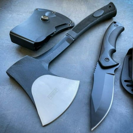 2 PC Camping Fixed Blade Hunting Survival Outdoor Tool Knife w/ Sheath + Axe Hatchet