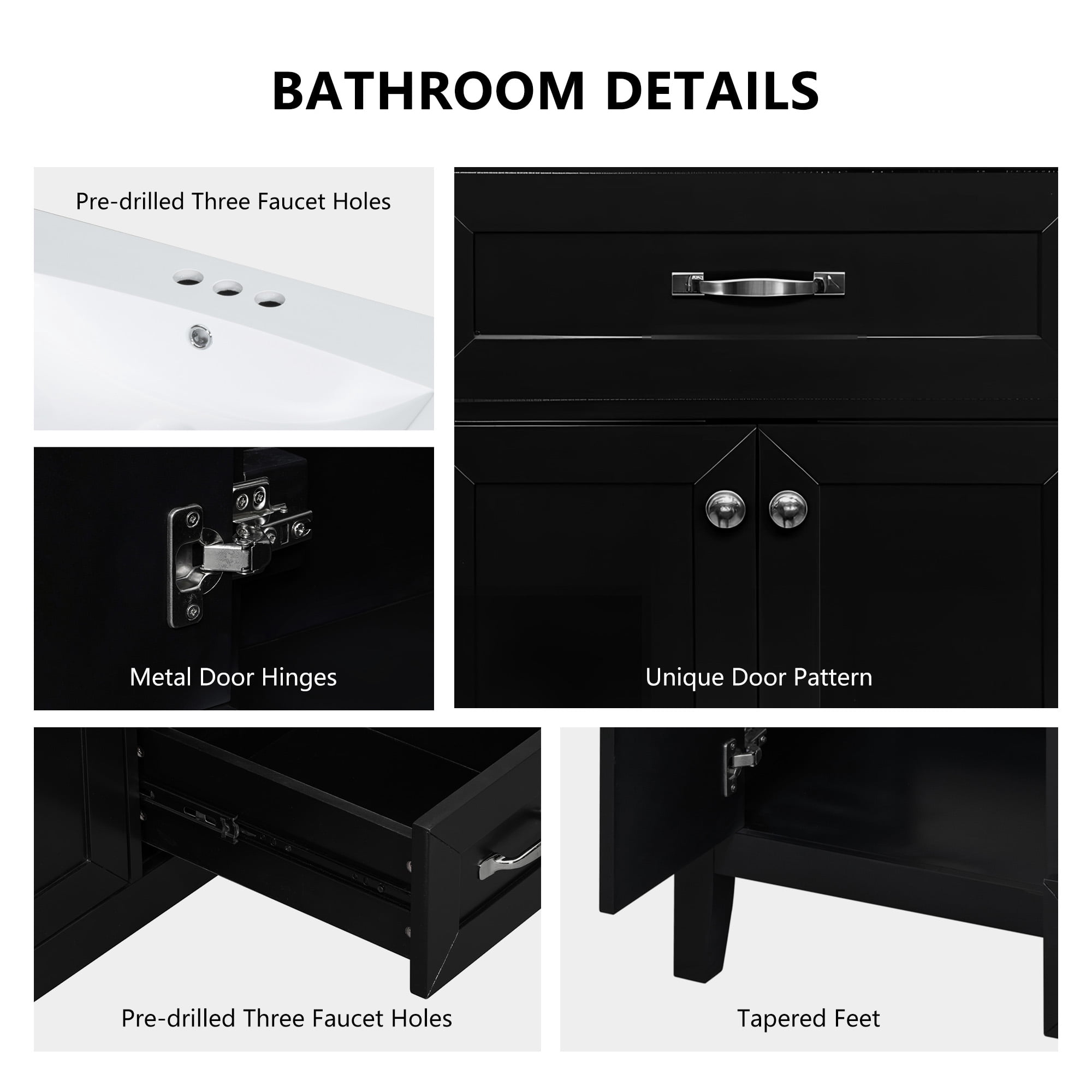 Soges 36" Bathroom Vanity with Sink Combo, Solid Wood Bathroom Makeup Cabinet with Door, Adjustable Shelf and 5 Drawers, Free Standing Single Basin Vanity Set, Durable & Easy to Clean, Black
