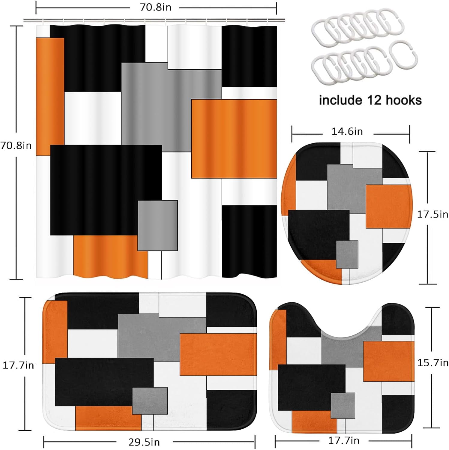 Orange Geometric Shower Curtain Set with Toilet Lid Cover and Non-Slip Rugs for Bathroom, Black White Grey Checkered 4 Pcs Shower Curtain, Modern Abstract Bathroom Set with 12 Hooks