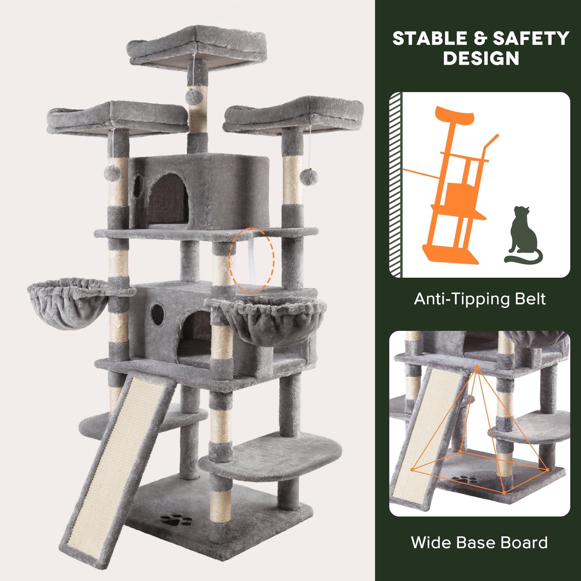 Einfach 68" X-Large Cat Tree and Tower with Condo Houses, Scratching Board & Posts for Indoor Cat, Gray