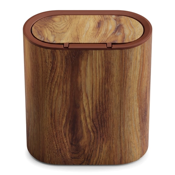 Retro Wood Grain Trash Can with Swing Top Lid, Farmhouse Waste Bin for Bathroom Kitchen Office, Brown